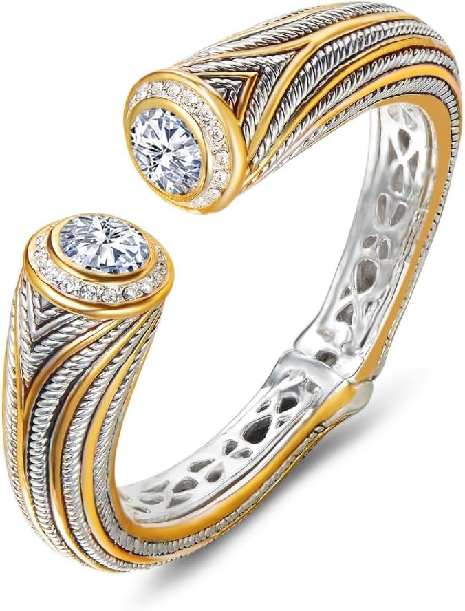 UNY JEWEL Jewelry Multi Strand Twisted Wire Cable Inlay 12mm CZ Vintage Antique Two Tone Elegant Designer Inspired Unique Spring Open Cuff Bangle