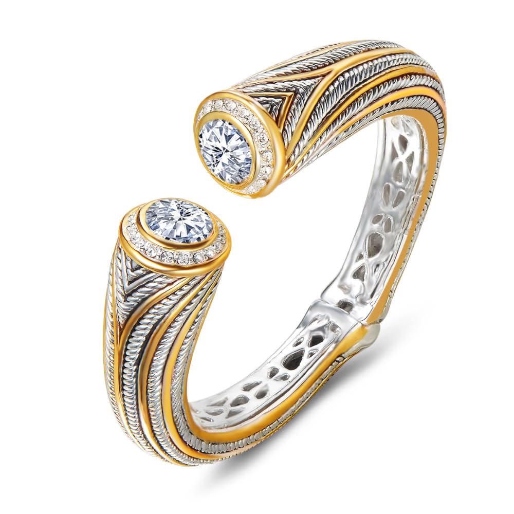 UNY JEWEL Jewelry Multi Strand Twisted Wire Cable Inlay 12mm CZ Vintage Antique Two Tone Elegant Designer Inspired Unique Spring Open Cuff Bangle