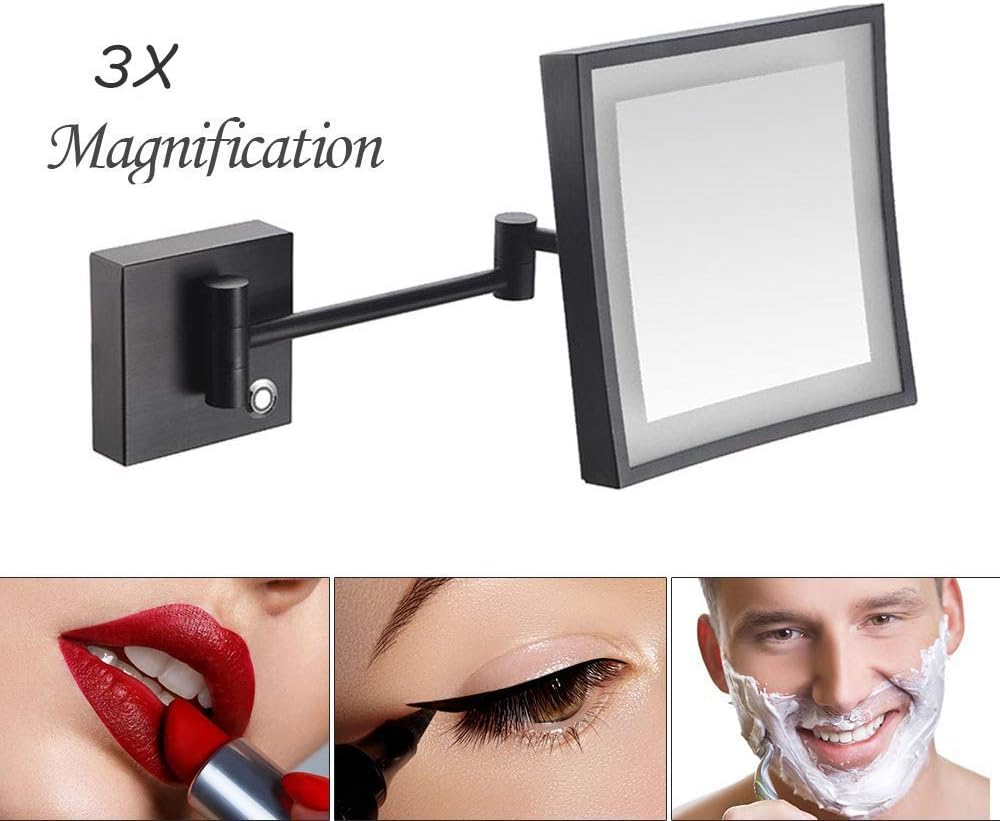 3倍壁掛け化粧鏡、LEDライト付き、浴室用片面拡大化粧鏡、4.3インチ延長、360度回転、歪みのない視界