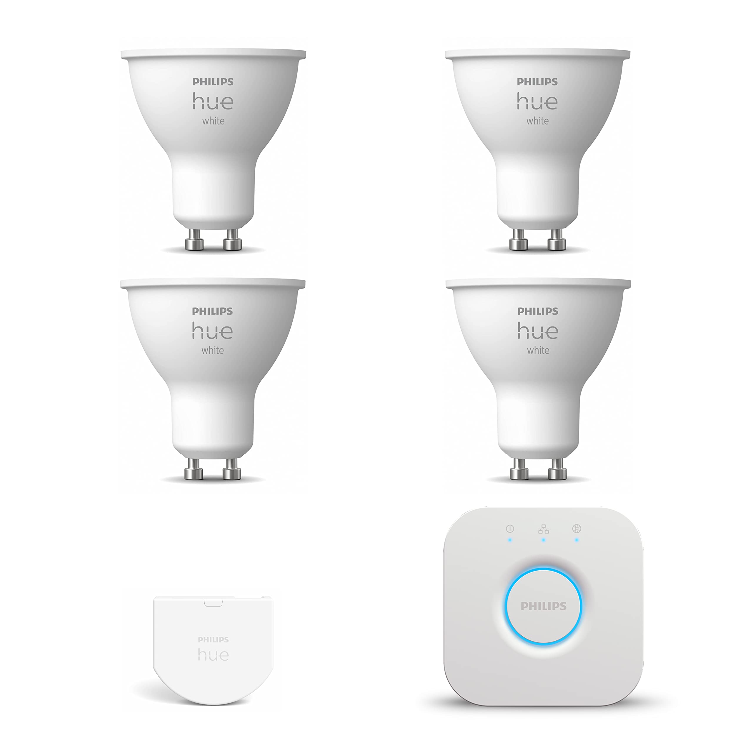 Philips Hue Starter Pack - GU10-4 Bombillas LED para focos - Luz blanca cálida - incl. Hue Bridge, Hue Interruptor de pared - Hue White