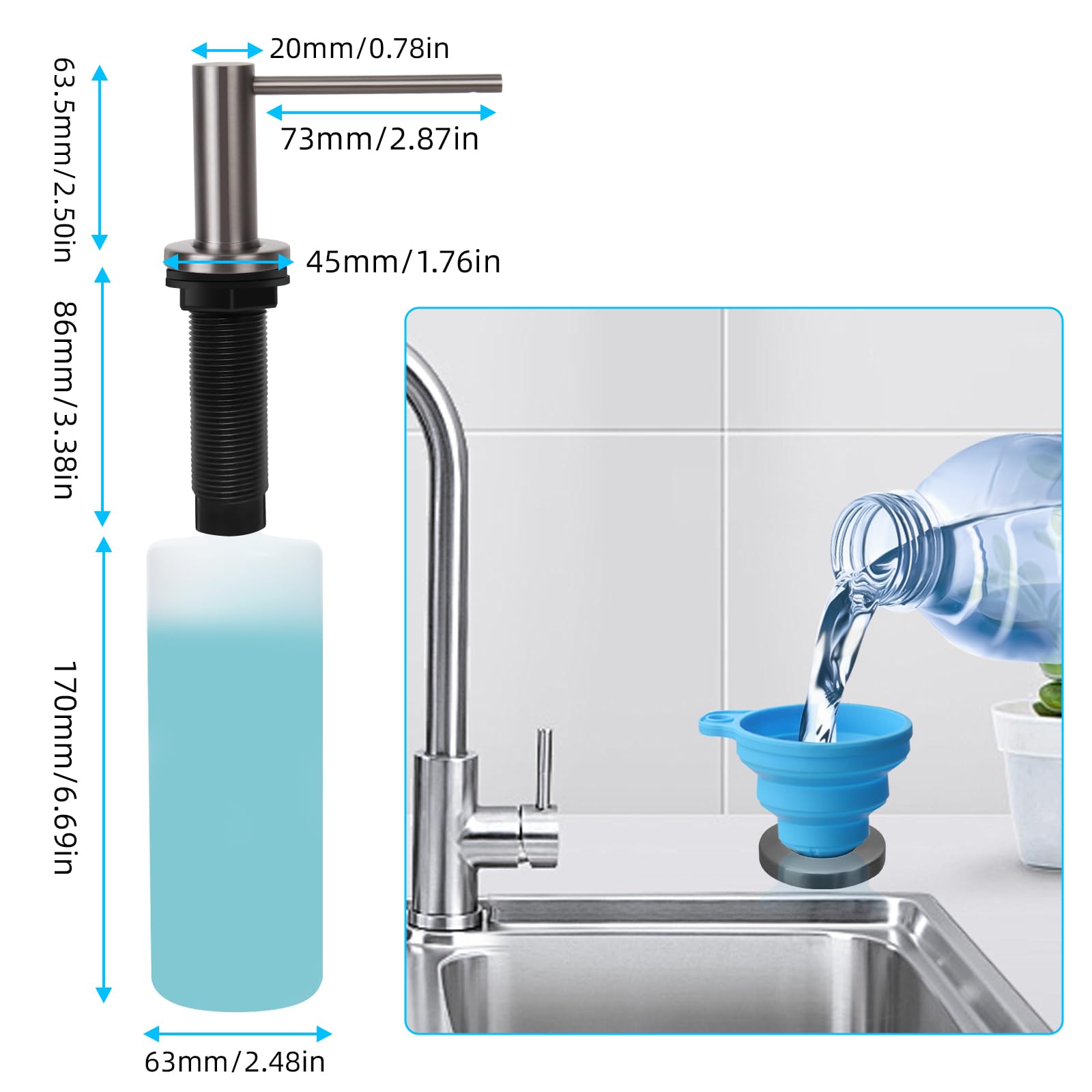 Dispensador de jabón para platos, fregadero de cocina, boquilla larga, bomba dispensadora de jabón, repuesto desde la parte superior, cabezal de bomba de metal con botella líquida grande de 17 onzas,