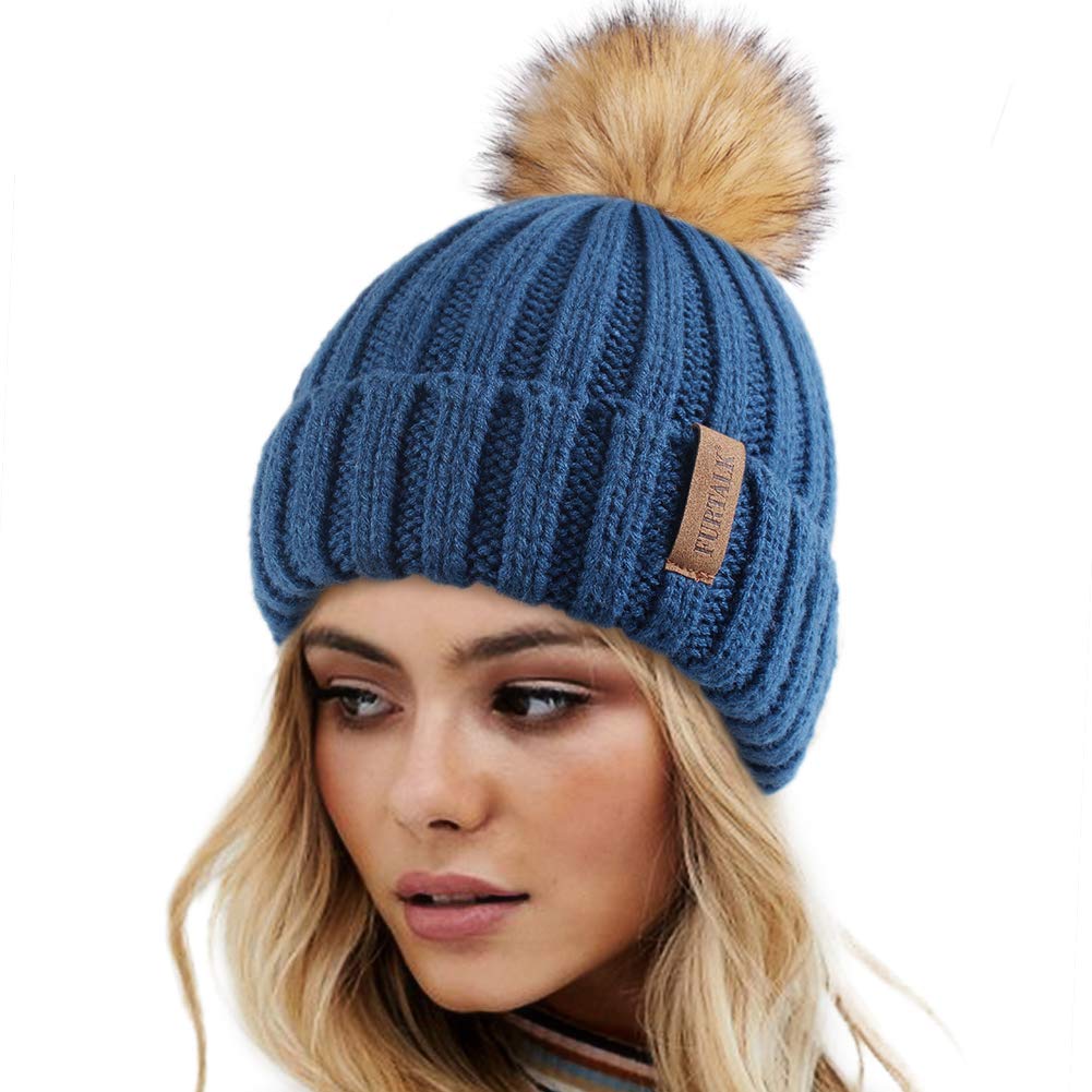 FURTALK Womens Winter Knitted Beanie Hat with Faux Fur Pom Warm Knit Skull  Cap Beanie for Women