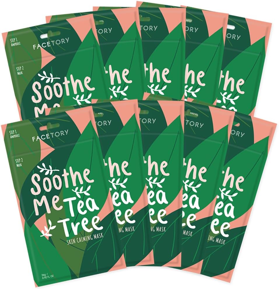 K Beauty Face Mask Skin Care - Soothe Me Tea Tree 2-Step Sheet Mask with Tea Tree Extract & Chamomile + Soothing Ampoule | Skin Calming, Acne Clearing (10 Pack)