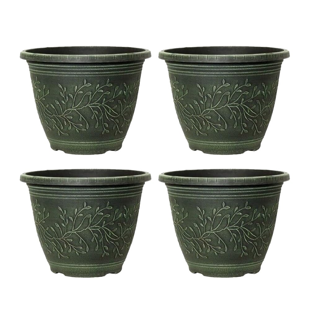 Shopior Green-Pack 4 Round Linden Garden Plant Pot – Weatherproof Decorative Outdoor & Indoor Flower Planter With Drainage Holes | Durable Plastic Plant Pot For Patio, Balcony, Home & Garden - 28Cm (, 28Cm)