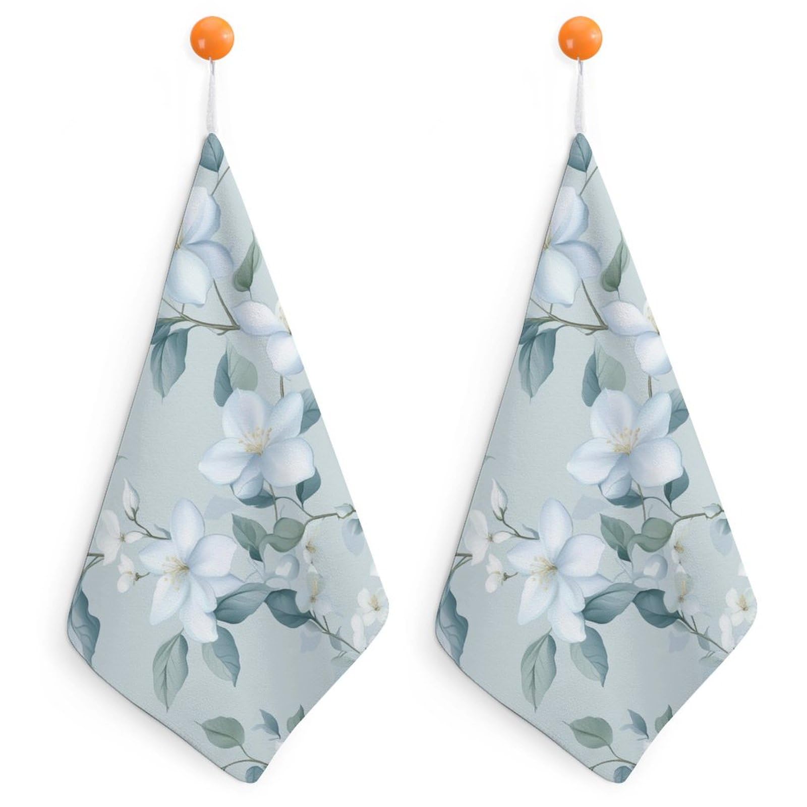 Jubonexis Jasmine Flowers in Pale Blue Small Hand Towel with Hanging Loop 2 PCS Absorbent Soft Wash Cloth for Kitchen Bathroom