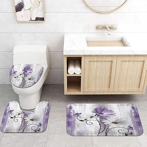 Miniatura 3 de Juego de cortinas de ducha rústicas con alfombras, margaritas moradas de granja, flores florales, mariposas, cortinas de baño de madera de campo de