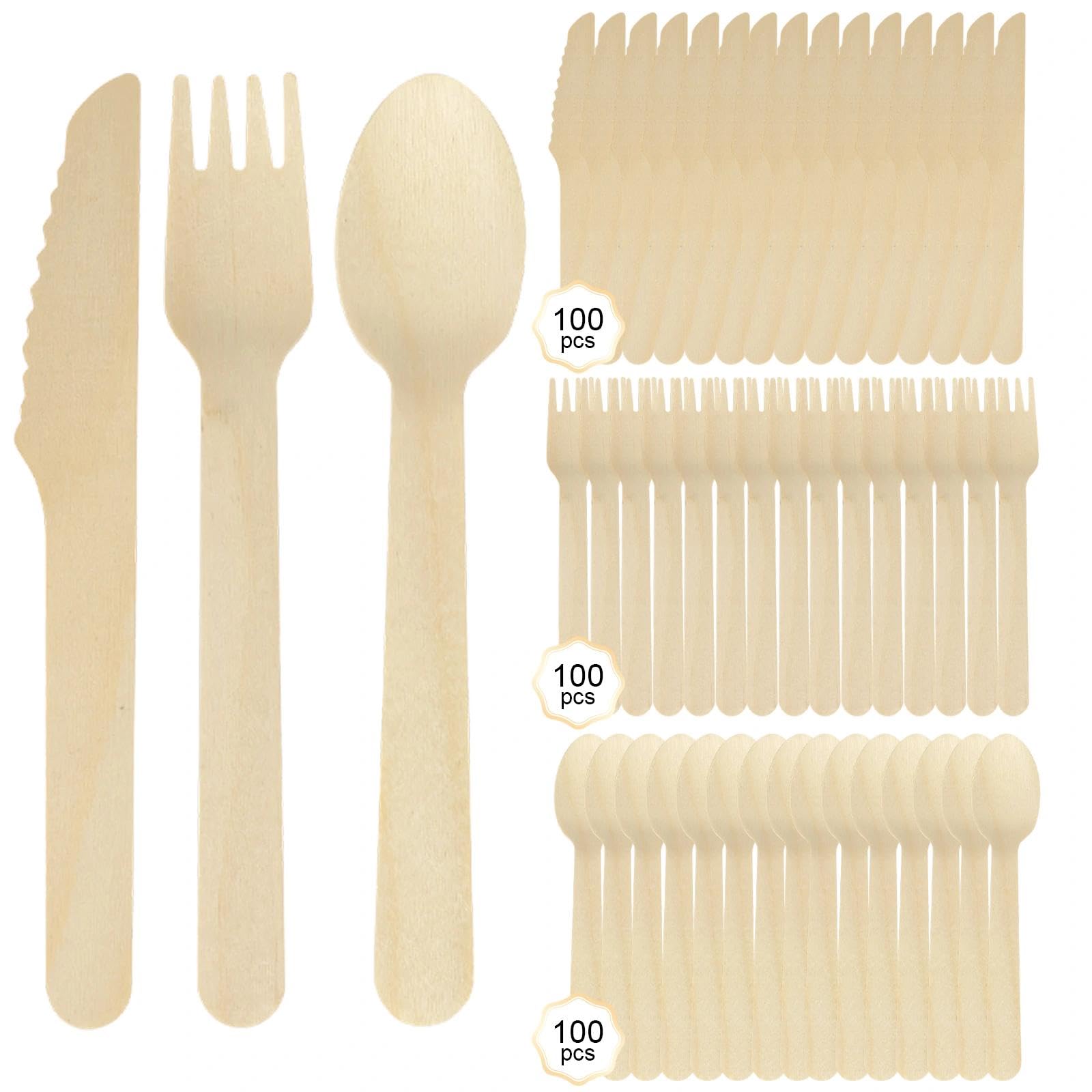 Couverts de Table Jetables, 300 Pièces Couvert Bois, Comprend 100 Fourchettes, 100 Cuillères et 100 Couteaux en Bois, Bouleau Couverts Pique Nique, pour Barbecues, Fêtes et Pique-Niques
