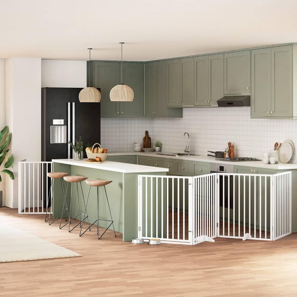 Puerta para perros de madera de álamo blanca, plegable, 640 cm, parque para perros plegable, 8 piezas, rejilla para perros con puerta con cerradura