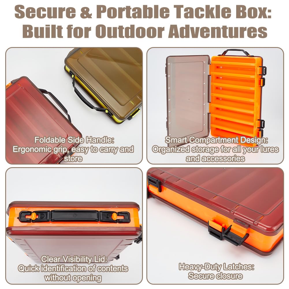 WEBEEDY Paquete de 4 cajas de señuelos de pesca de doble cara, caja de aparejos, 27,5 x 18 x 4,75 cm, plástico translúcido, almacenamiento de señuelos de pesca con hebilla para organizador de cebos de