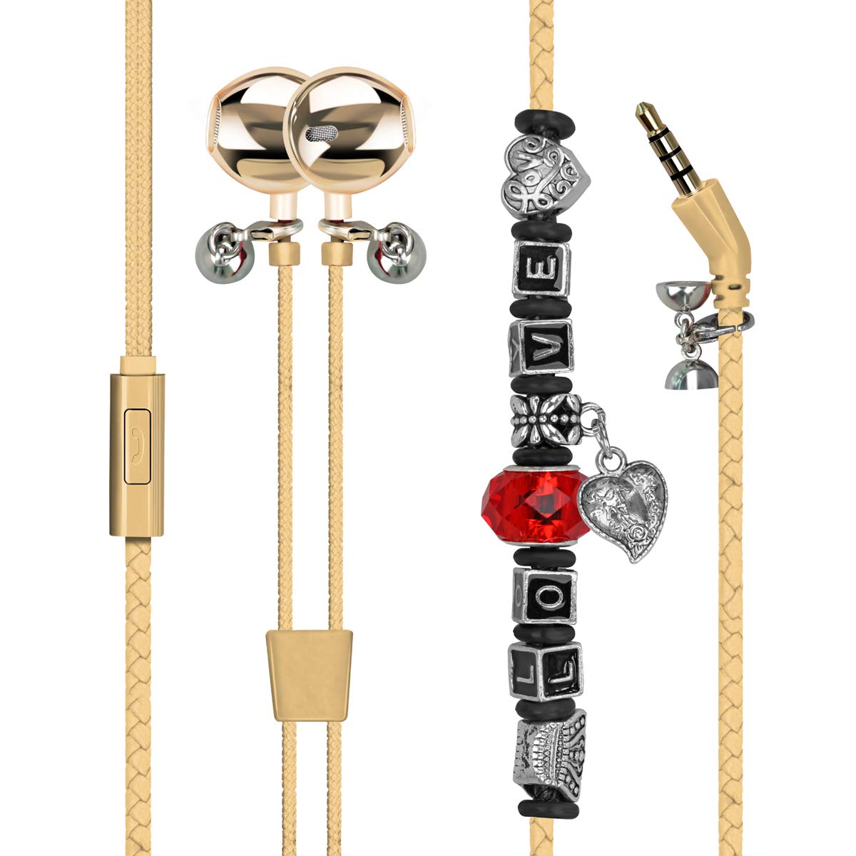 Promate Wristband Earbuds, Premium 3.5mm Leather Braided Pandora Beads Bracelet Style with Mic, Tangle Free Cord, Noise Cancelling and Magnetic Closure for Smartphones, Tablets, iPod, Vogue-3 Gold