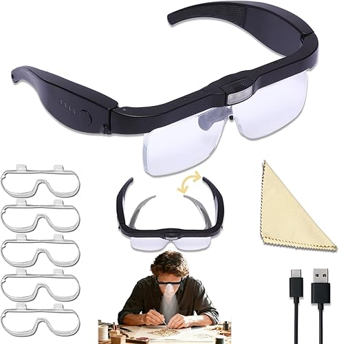 Professionelles Lupen-Headset mit 5 abnehmbaren Linsen, 0,75 x 4,0 x und 3 LED-L