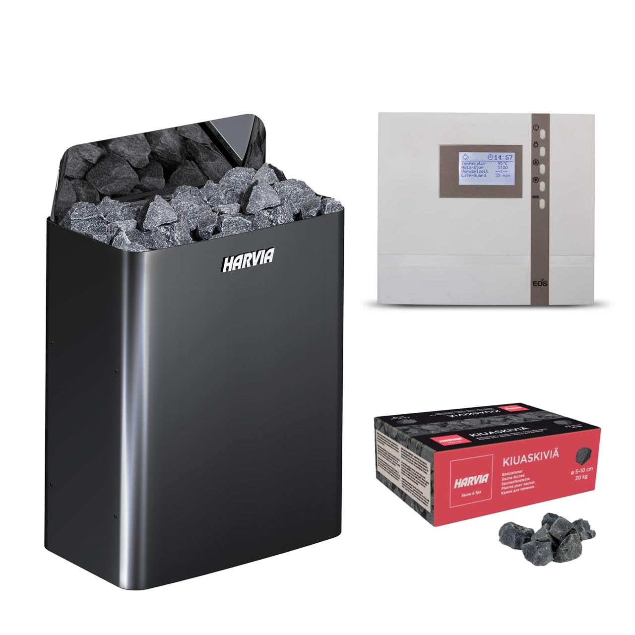 Harvia The Wall Poêle pour sauna 400 V 6 kW chrome foncé avec commande EOS ECON et pierres