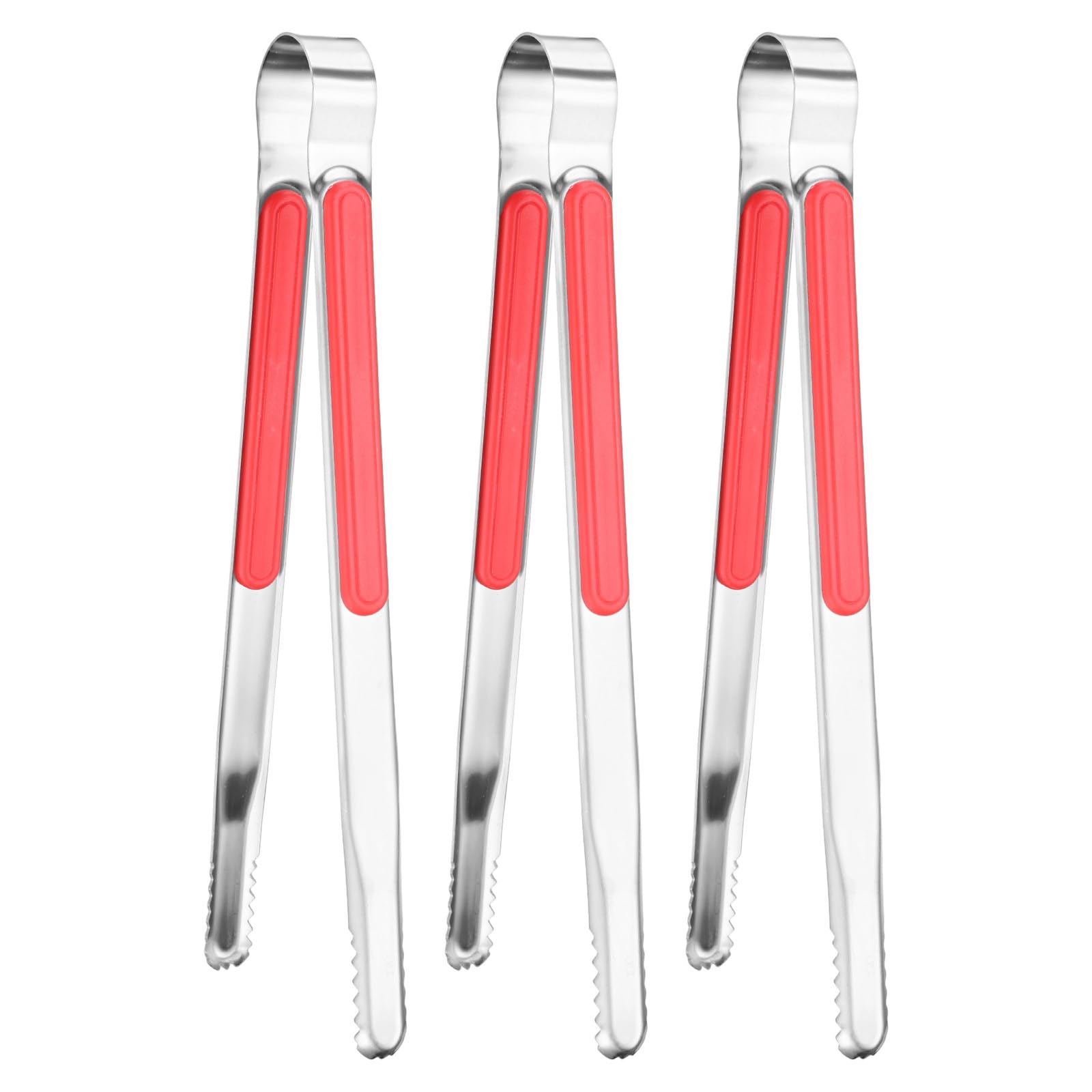 M METERXITY 3-Pack Grill Tongs, 10 Inch Non-Slip 410 Stainless Steel Locking Tongs for Cooking/Buffet/Outdoor Barbecue, Korean BBQ Tweezers Metal Clamp Tool [Red]
