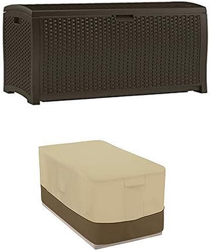 Suncast DBW9200 - Caja de mimbre de resina mocha, 99 galones con cubierta de la cubierta, cubierta de muebles de patio duradera y resistente al agua