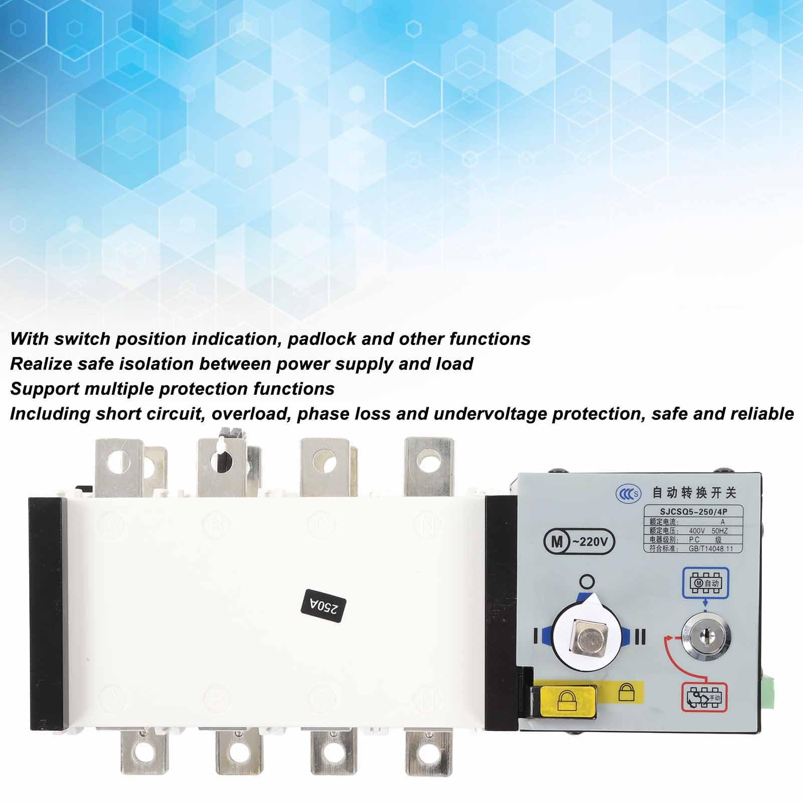 Ausla Interruptor de Transferencia Automática de Doble Potencia Tipo de Aislamiento de Grado de PC Interruptor de Transferencia de Energía 250A AC400V ABS Aleación de Aluminio 4 Modos Enclavamiento