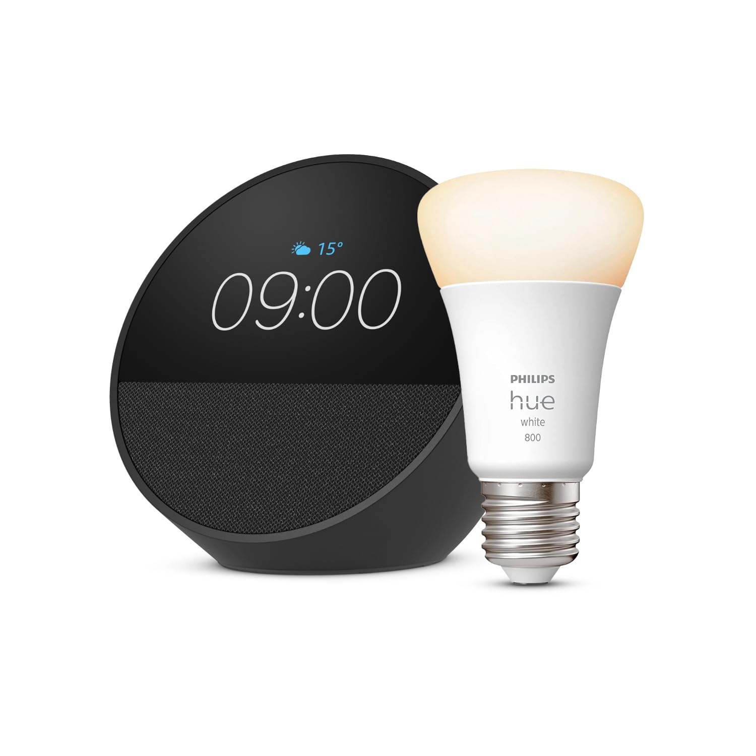 Echo Spot | Negro + Philips Hue - Bombilla led inteligente, casquillo E27, Compatible con Alexa - Kit de inicio de Hogar digital