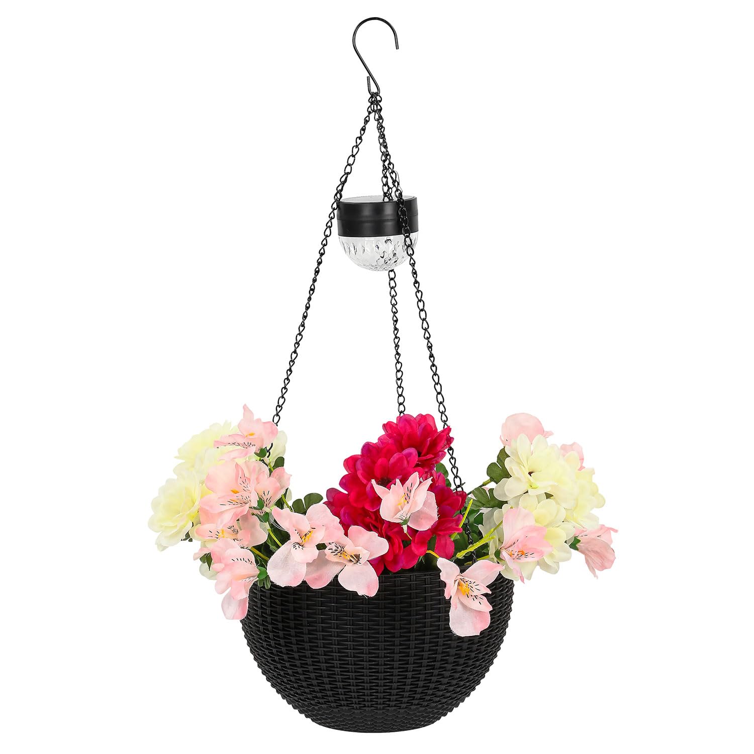 Taylor & Brown Black Rattan Effect Solar Powered Hanging Basket With Smd Led Lights Plastic Flower Planter Outdoor Garden Landscape Plant Pot Spot Light With Chain (1)