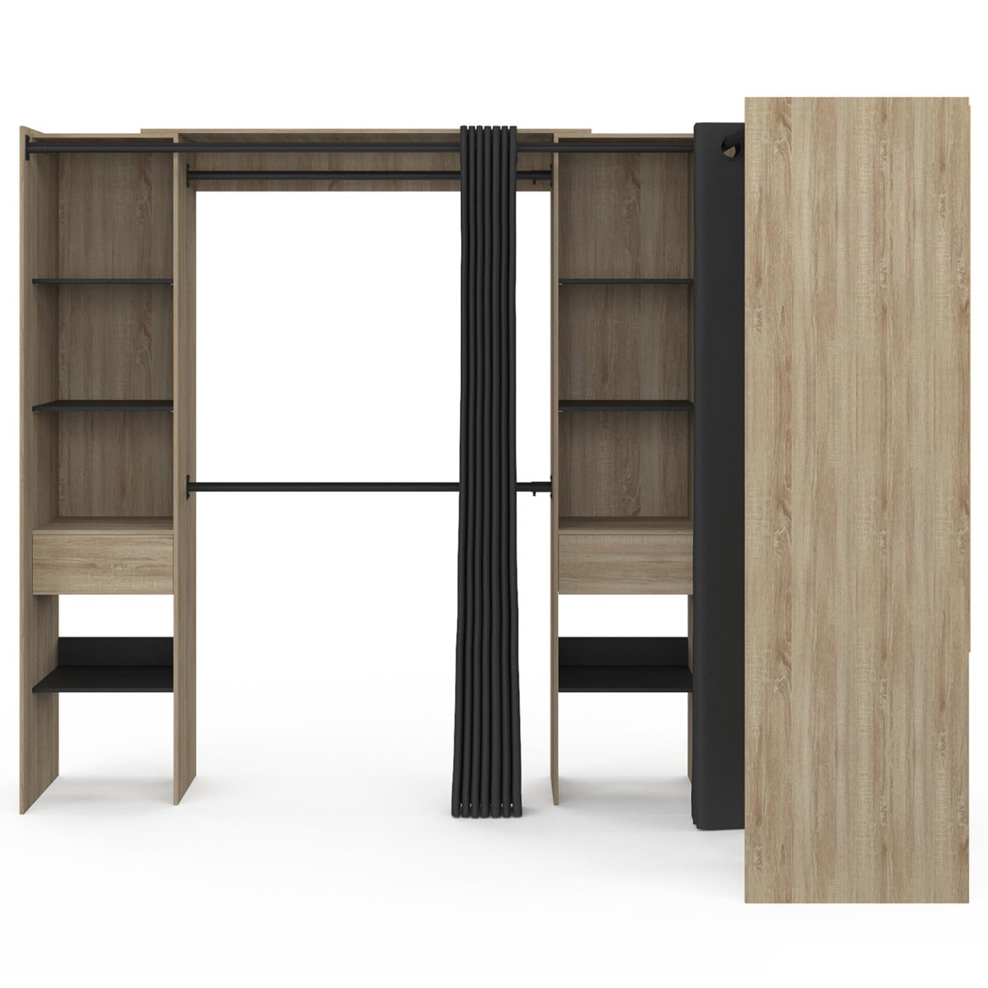 IDMarket - MARLON 230 x 140 x 180 cm Armario esquinero de haya con armarios + estantes + cortinas negras