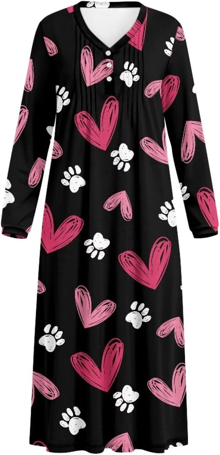 Long Sleeve Nightgowns for Women V Neck Sleepshirts Loungewear Button Night Gowns Sleepwear Full Length Sleep Dress