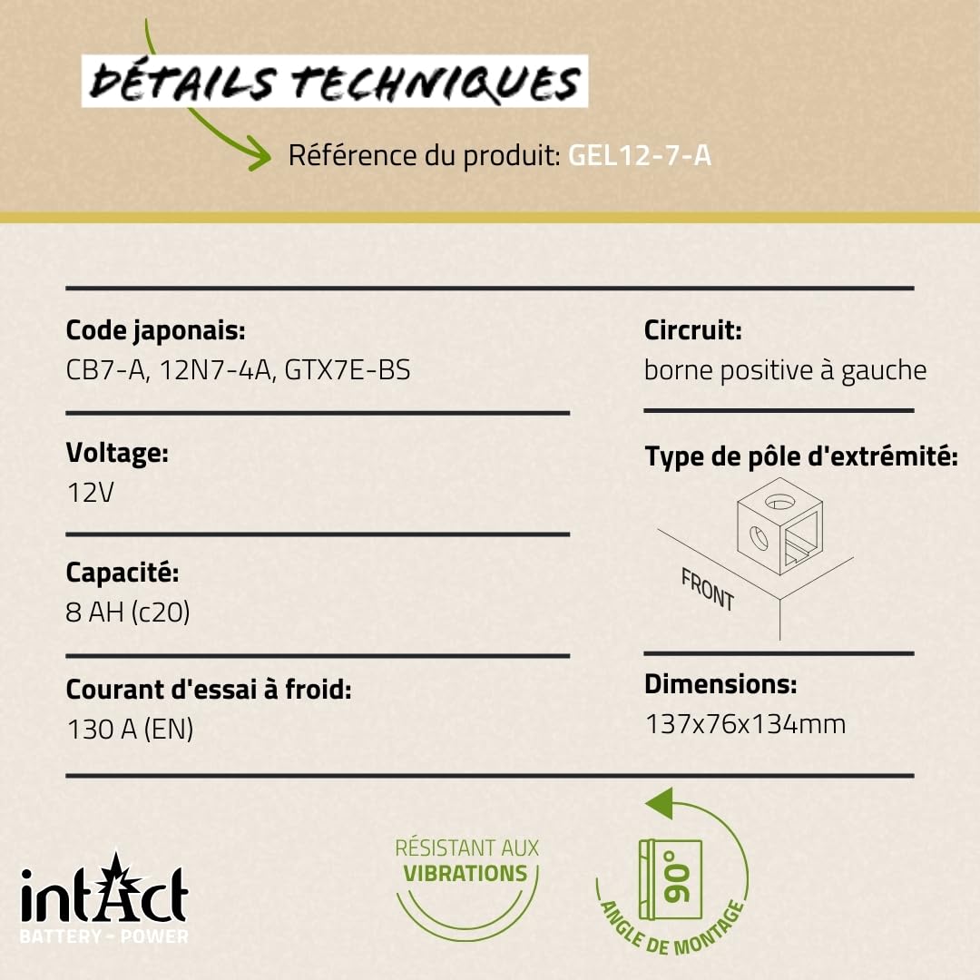 intAct - BATTERIE MOTO GEL Bike-Power GEL12-7-A. Remplace YB7-A, 12N7-4A. Batterie moto 12V 8Ah 130A. Dimensions : 137x76x134mm. Avec jusqu’à 30% de puissance de démarrage en plus.