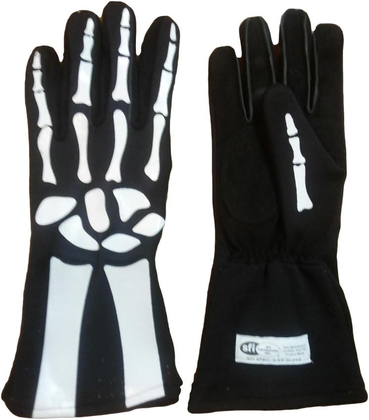Auto Racing Nomex Skeleton Gloves - Black Glove with White Skeleton Print - Small