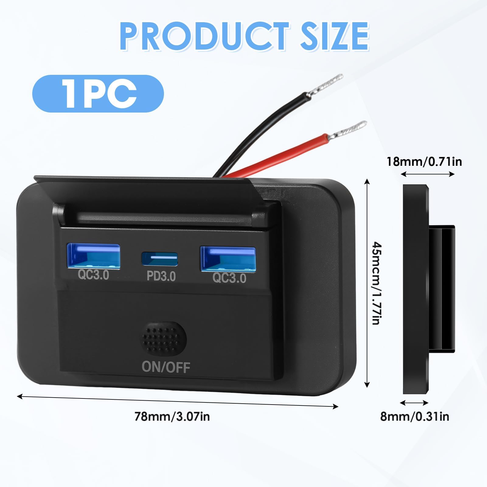 Presa USB 12V, 72W Ricarica Rapida, Dual QC3.0 e PD3.0 Ports Charging Socket Panel con pulsante ON/Off, Impermeabile per 12V -24V Caravan, Marine, Camper, Car, Autobus
