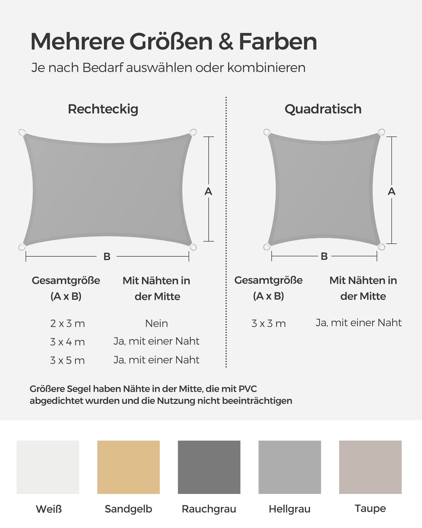 SONGMICS Sonnensegel 2 x 3 m, wasserfest mit Einer Wassersäule von 665 mm, Sonnenschutz aus reißfestem Polyester, UV-Schutz 93%, Terrasse, Garten, Balkon, rechteckig, 2 m Seile, hellgrau GSH23QY