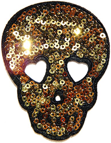Gold Skull Mask Sparkly Sequin Shine Shiny Halloween Sequin Shine Shiny Patch Sew Iron on Embroidered Applique Craft Handmade Baby Kid Girl Women Sexy Lady Hip Hop Cloths DIY Costume