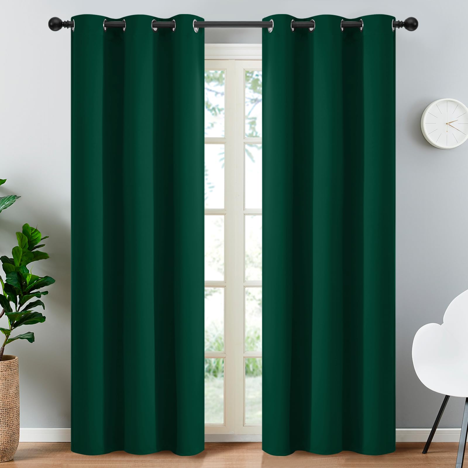 Yakamok Dark Green Blackout Curtains for Bedroom, Room Darkening Thermal Insulated Grommet Window Curtains, Light Blocking Blackout Drapes for Living Room, 38Wx84L inch,2 Panels