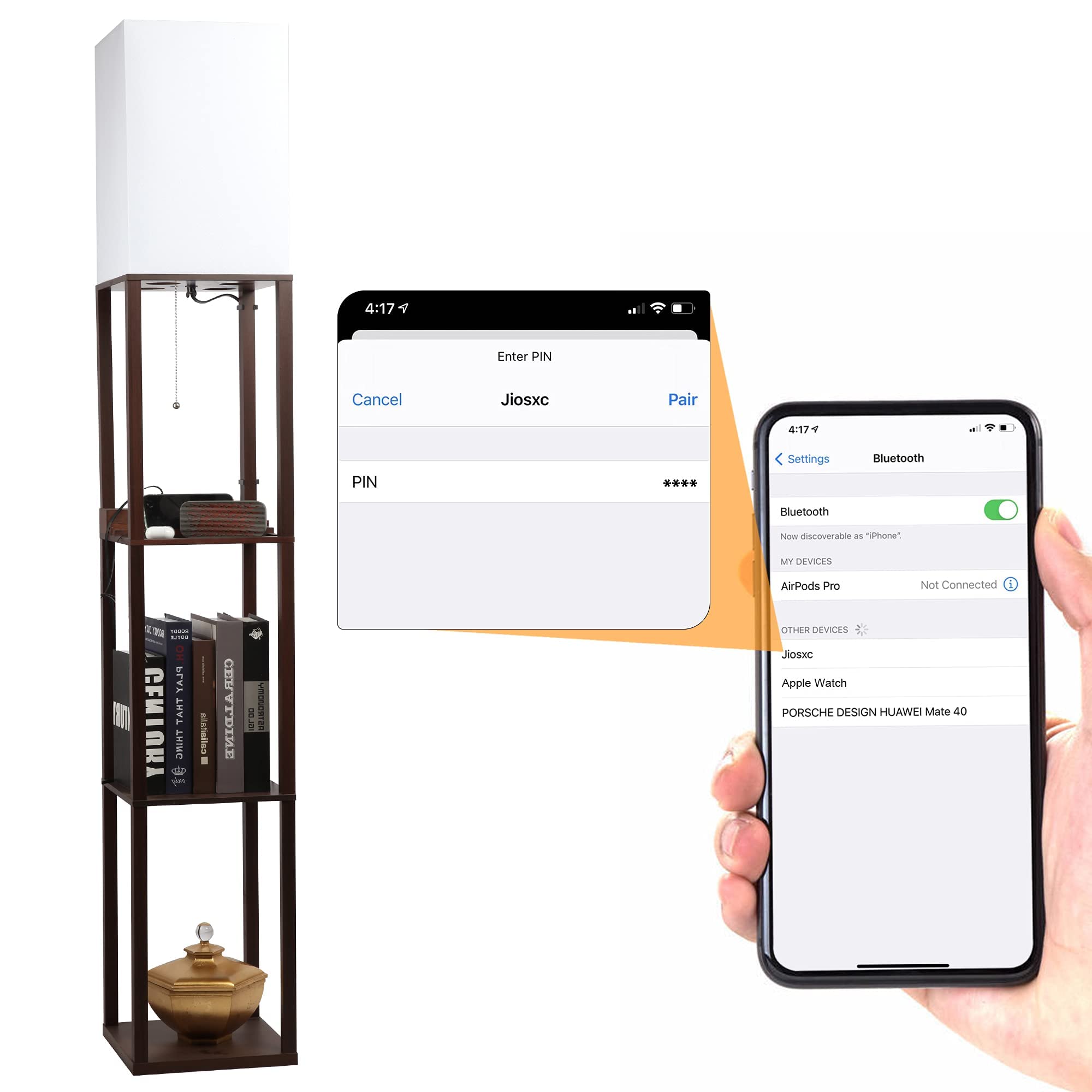 Brown Shelf Floor Lamps with USB Charging Ports and Wireless Speaker