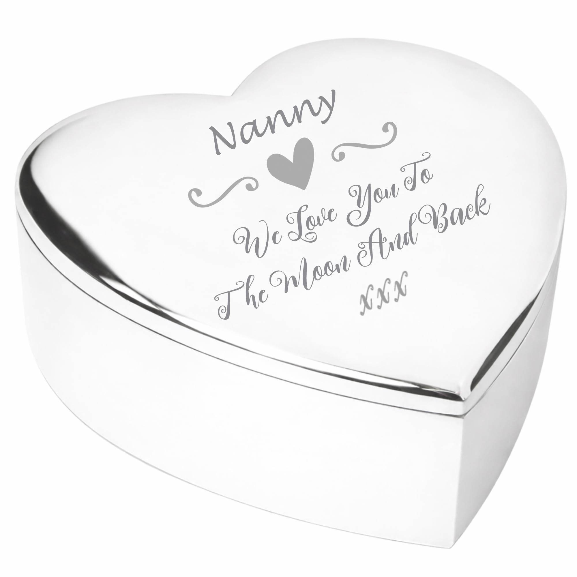 Chris Bag Of Goodies Nanny We Love You To The Moon and Back Gift Script Silver Finish Engraved Heart Shaped Trinket Box Keepsake Idea From Grandchildren for Mothers Day Birthday Present Christmas