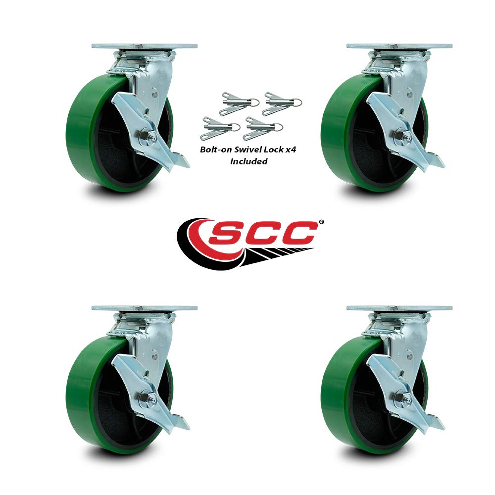 Heavy Duty Swivel Caster Set of 4 with 6 Inch Green Polyurethane on Cast Iron Wheels and Ball Bearings - Includes 4 Swivel with Top Lock Brakes and Bolt on Swivel Locks - Service Caster Brand