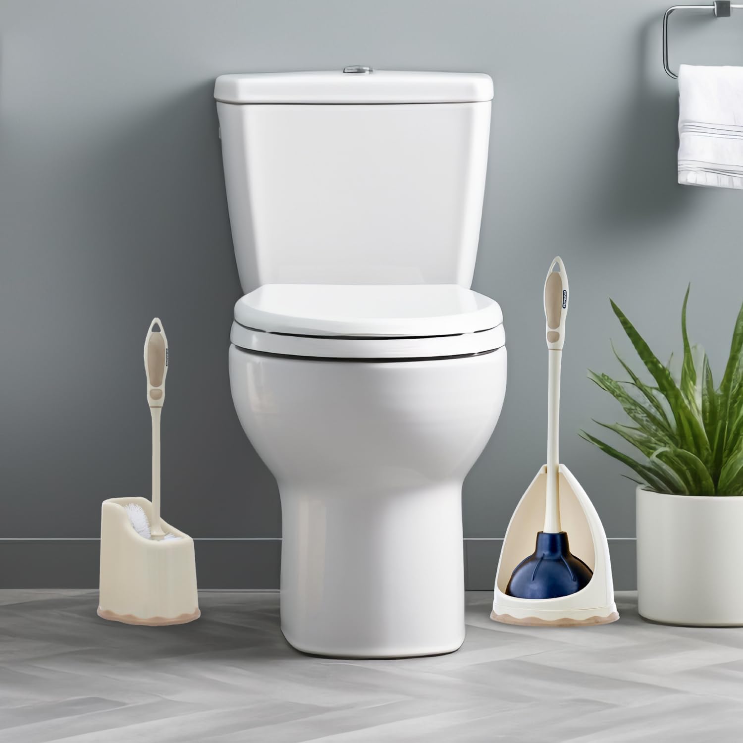 Superio Toilet Brush with Lip and Plunger Set Bathroom Bowl Brush with Pan and Plunger (Beige)