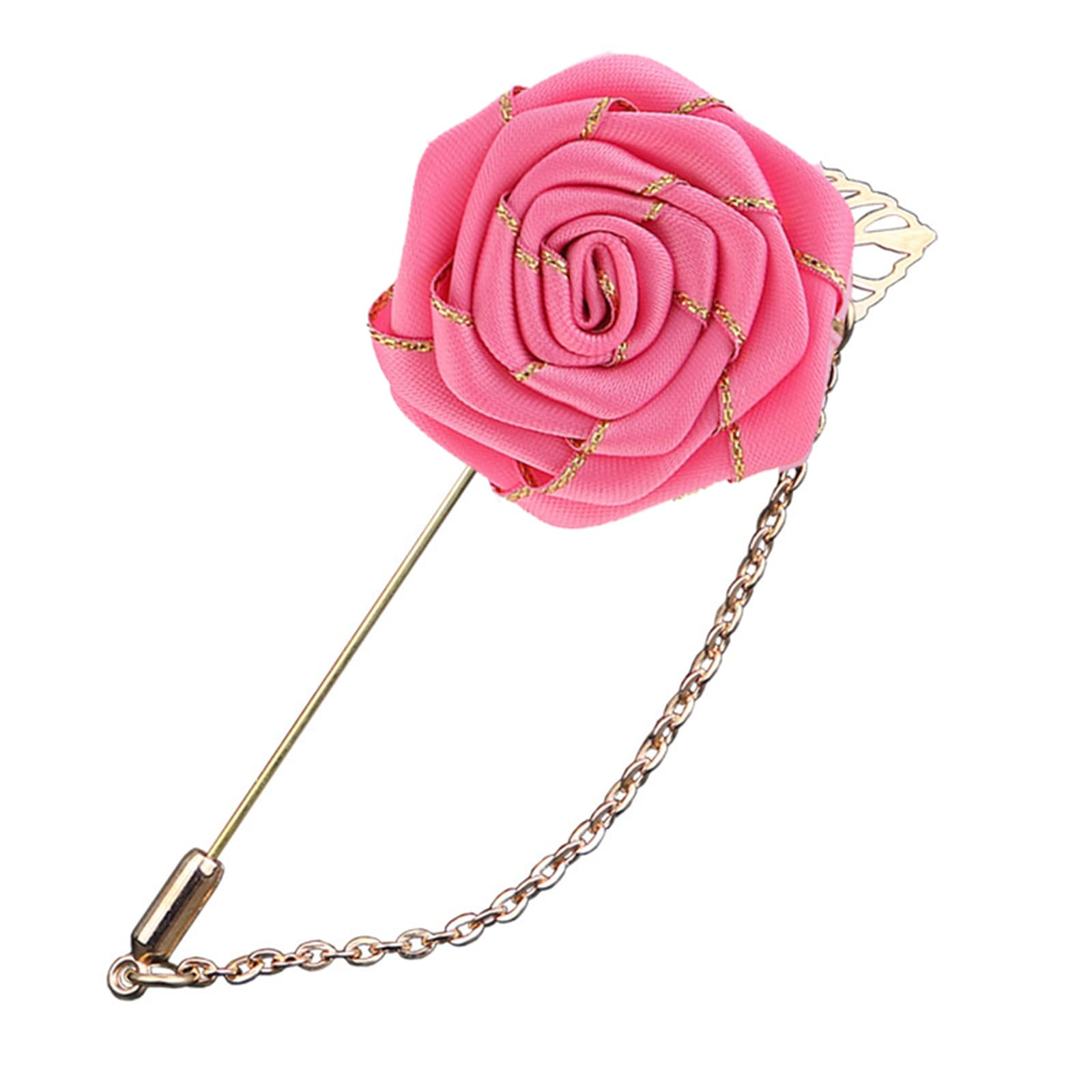 WCRAZYE Broches de tela para hombre, diseño de rosa con hoja dorada, pines de solapa de satén para hombre con cadena de metal, color rojo, azul, rosa, floral, alfileres de solapa hechos a mano para