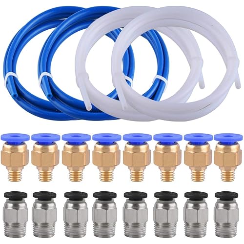SIQUK 4 Pieces Teflon Tube PTFE Tubing(1 Meter) with 8 Pieces PC4-M6 Fittings and 8 Pieces PC4-M10 Male Straight Pneumatic PTFE Tube Push Fitting Connector for 3D Printer 1.75mm Filament