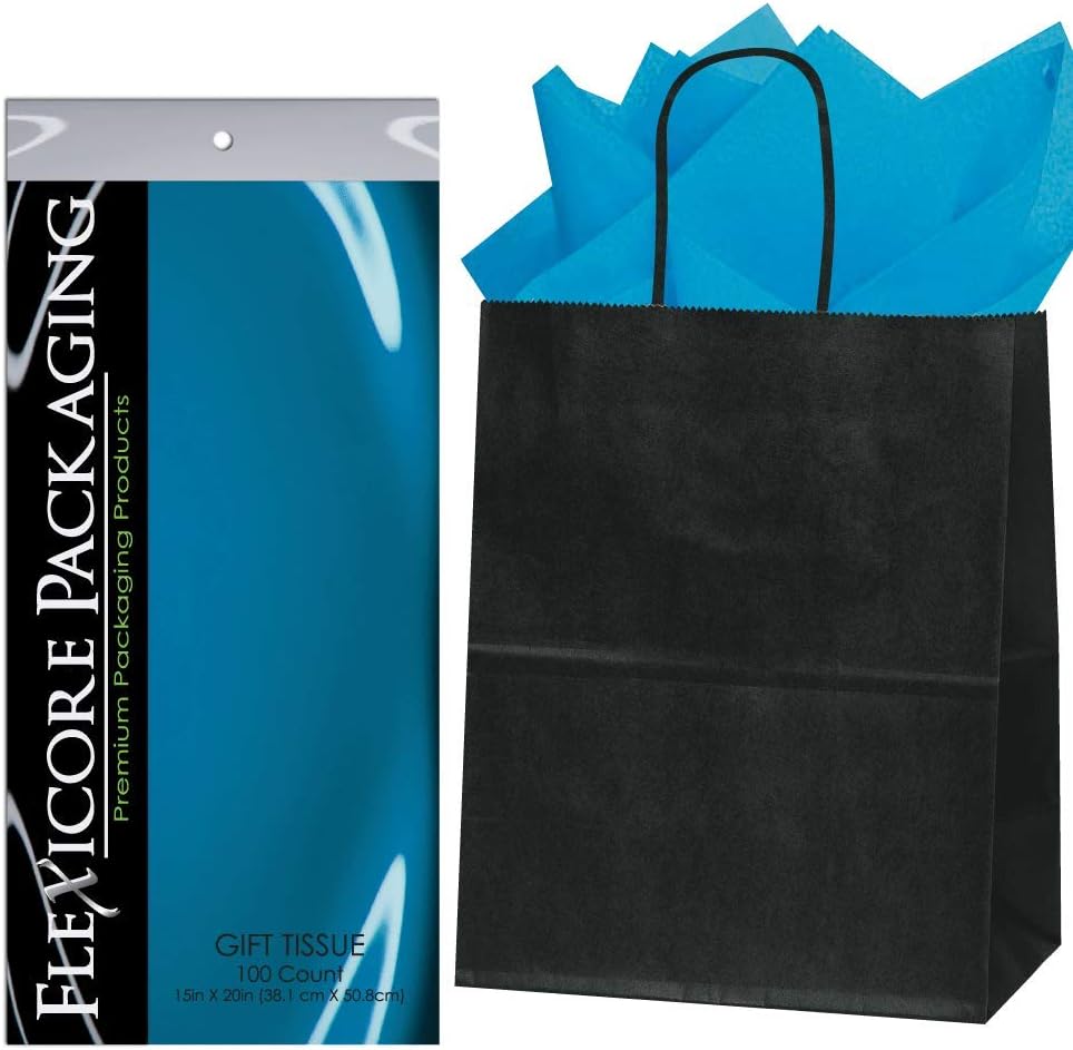 Flexicore Packaging® | 8"x4.75"x10.25" Black Kraft Paper Gift Bags + Gift Tissue Paper (Burgundy, 50 Bags)
