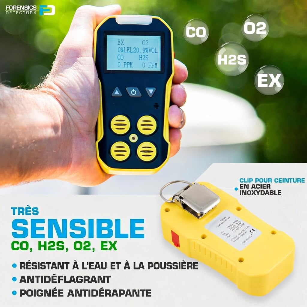 Détecteur 4 Gaz | O2, CO, H2S, LEL | Certificat d'Étalonnage UE | Recharge USB | Alarmes Sonores, Visuelles et par Vibration | Grand Écran Rétroéclairé |