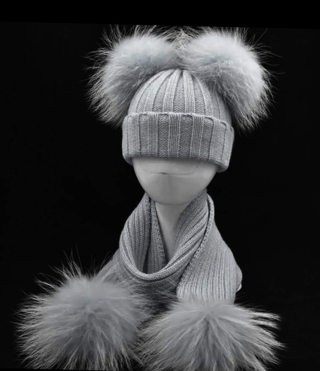 Sombrero para Bebé + Bufanda Piel Real GRIS 1-3 Años Gorra PON PON Doble desmontable Niña Niño BrillaBenny