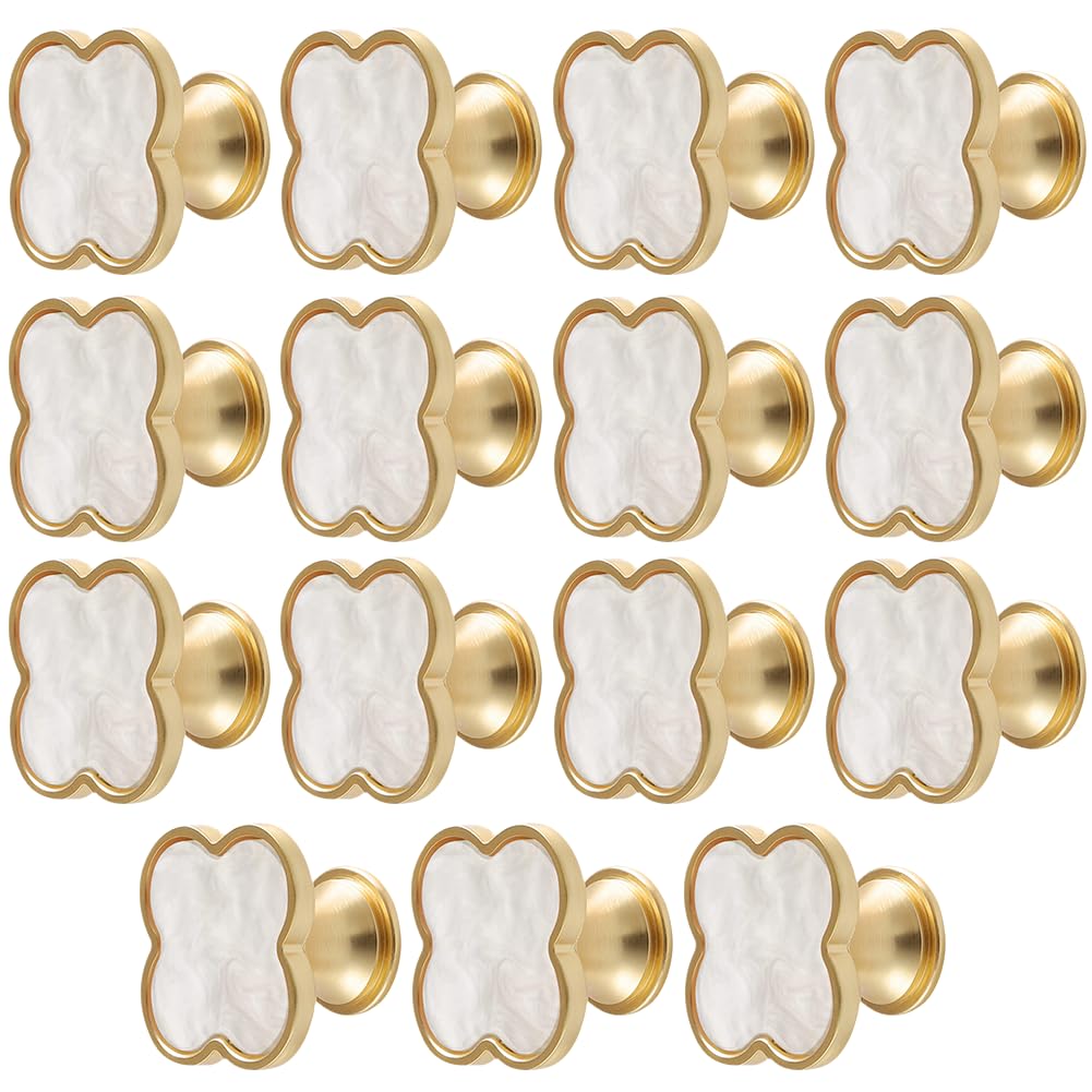 15 Pcs Clover Knobs Four Leaf Clover Handle, Creative Cabinet Drawer Pulls Gold Knobs for Furniture Dresser Wardrobe Bathroom Decorative Pulls Zinc Alloy Single Hole Door Handle (White)