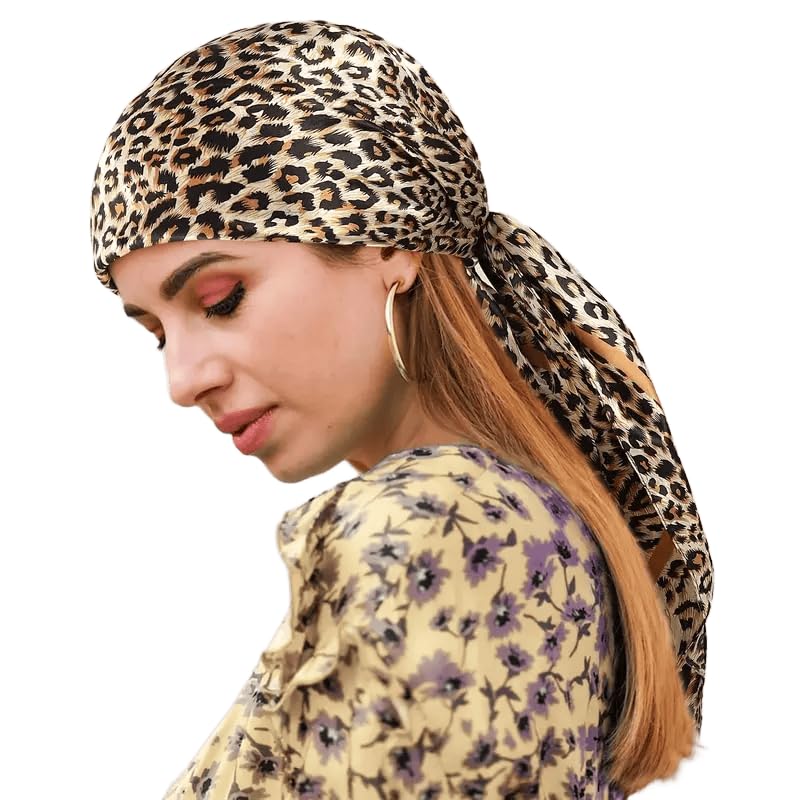 INOGIH 35'' Leopard-Print Satin-Bandana-Headscarf - Light Head Wraps Neck Face Scarves Cover for Women