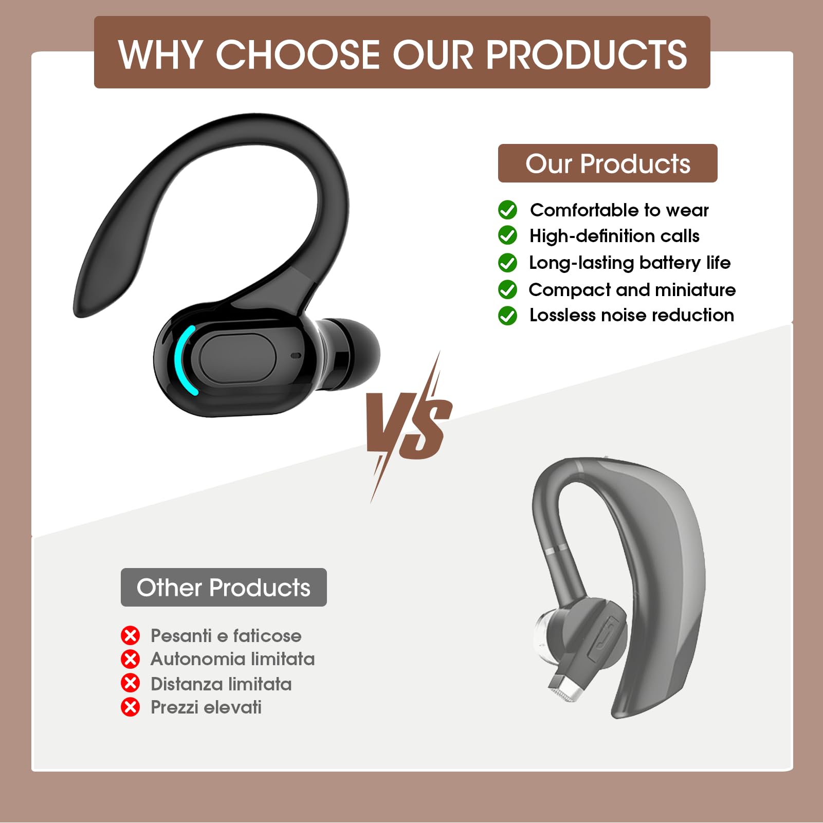 V5.2 Auricolare Mono Bluetooth Senza Fili, Microfono Integrato, IPX4 Auricolari Senza Fili Impermeabili, Bluetooth A Mano Libera 20H di Riproduzione, Auricolari con Anello per iPhone Android