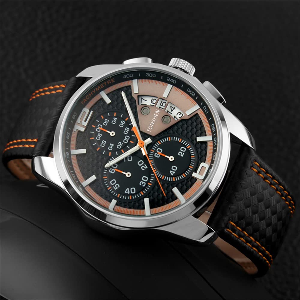 TONSHEN Relojes de Hombre Acero Inoxidable Caja y Cuero Correa Analógico Cuarzo Deportivos Relojes de Pulsera Fecha Cronómetro