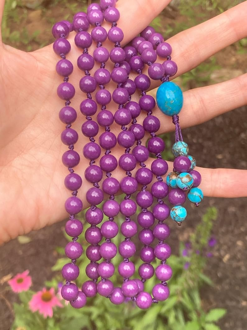 Mala de fosfosiderita con cuentas de piedra turquesa Kingman, collar 108 Mala, nudo, collar WWG, joyería de yoga, cuentas de meditación, joyería espiritual, joyería bohemia, 34inch,
