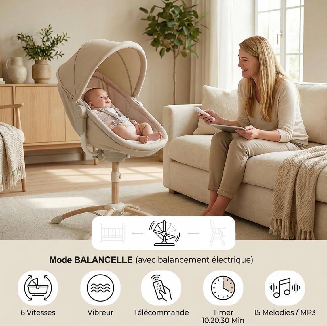 BEBE2LUXE 4 en 1 Multifonction Balancelle électrique, Berceau réglable, Chaise Haute et Transat (0‑15 kg), Harnais 5 PTS, réglage Hauteur/Dossier, 6 Vitesses + Vibration, USB/MP3, télécommande (Gris)