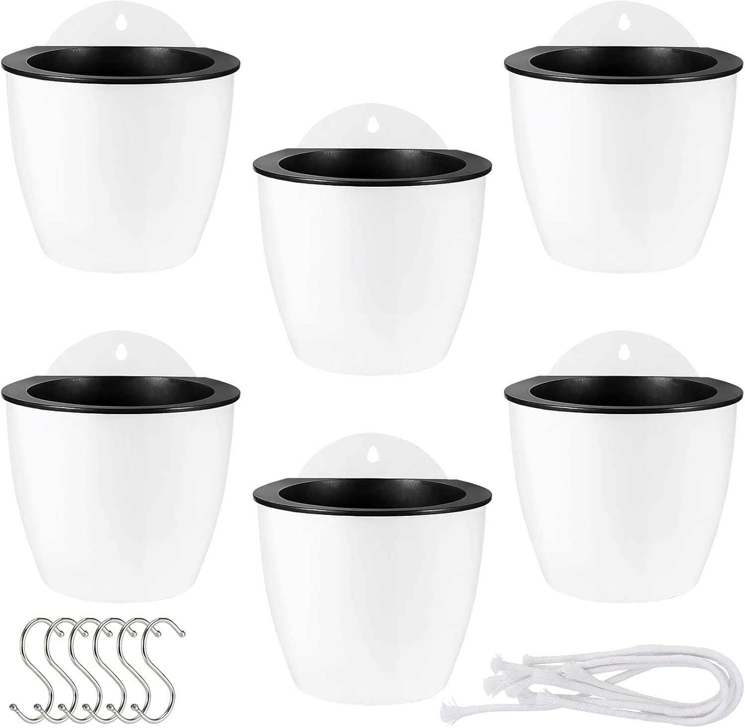 MOUYAT 6 Pcs Plastic Self Watering Hanging Planters, 7 Inch White Wall Mounted Self Watering Flower Pots with Hooks and Cotton Ropes, Lazy Flower Pots for Outdoor Indoor Plants