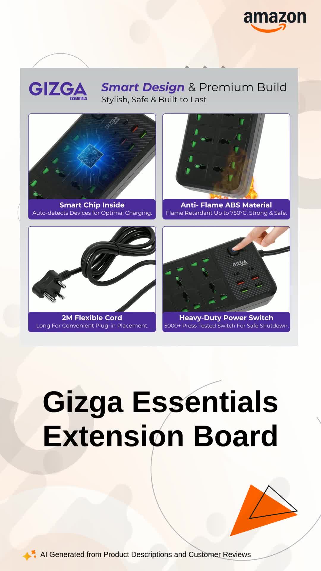 Gizga Essentials 2500W/10A Extension Board | Universal 6 Sockets