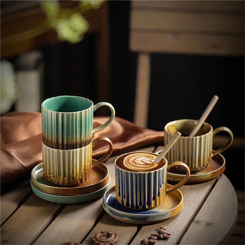 Coffee cup set Ceramic coffee cup and saucer set, retro mug, home restaurant, creative latte art, water cup with spoon(D)