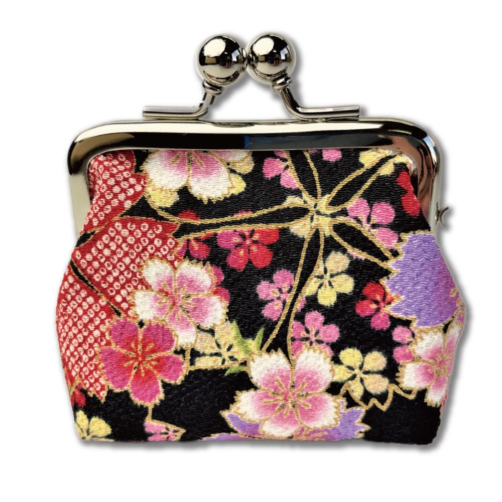 Coin Purse [ Made in Japan ] Traditional Edo Komon Design Small Change Pouch Cherry blossom (Black)