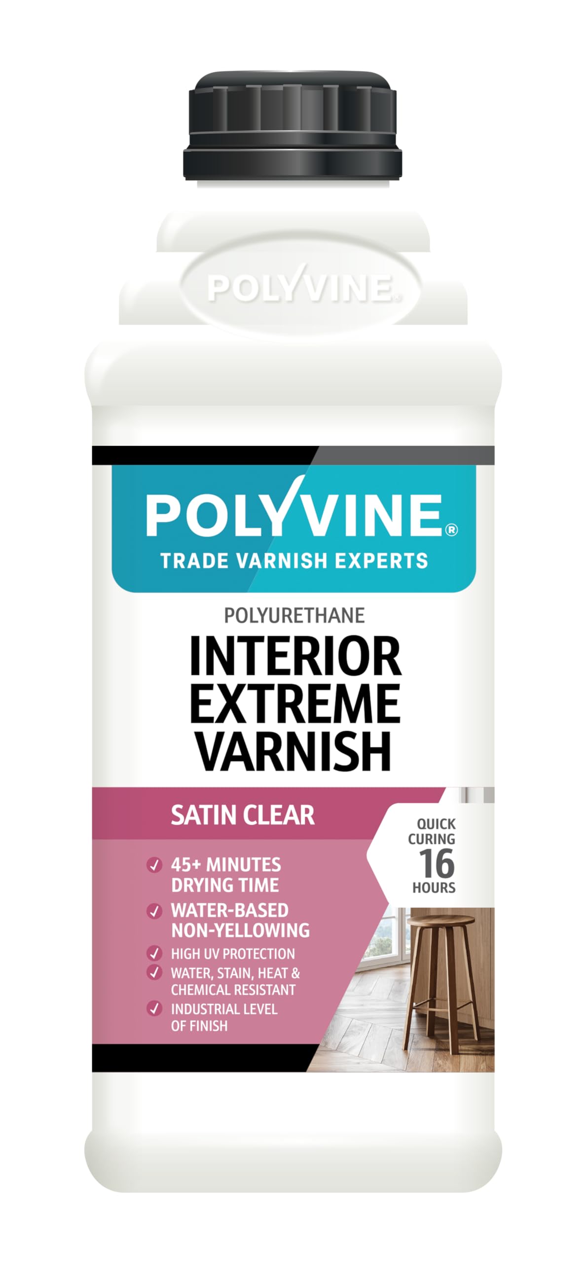 Polyvine Interior Extreme Varnish Satin or Dead Flat – Quick Dry Polyurethane Clear Coat Multi Use Protective Coating - Water-Based, UV, Heat, Stain, Water Resistant Sealer, Satin, 1L