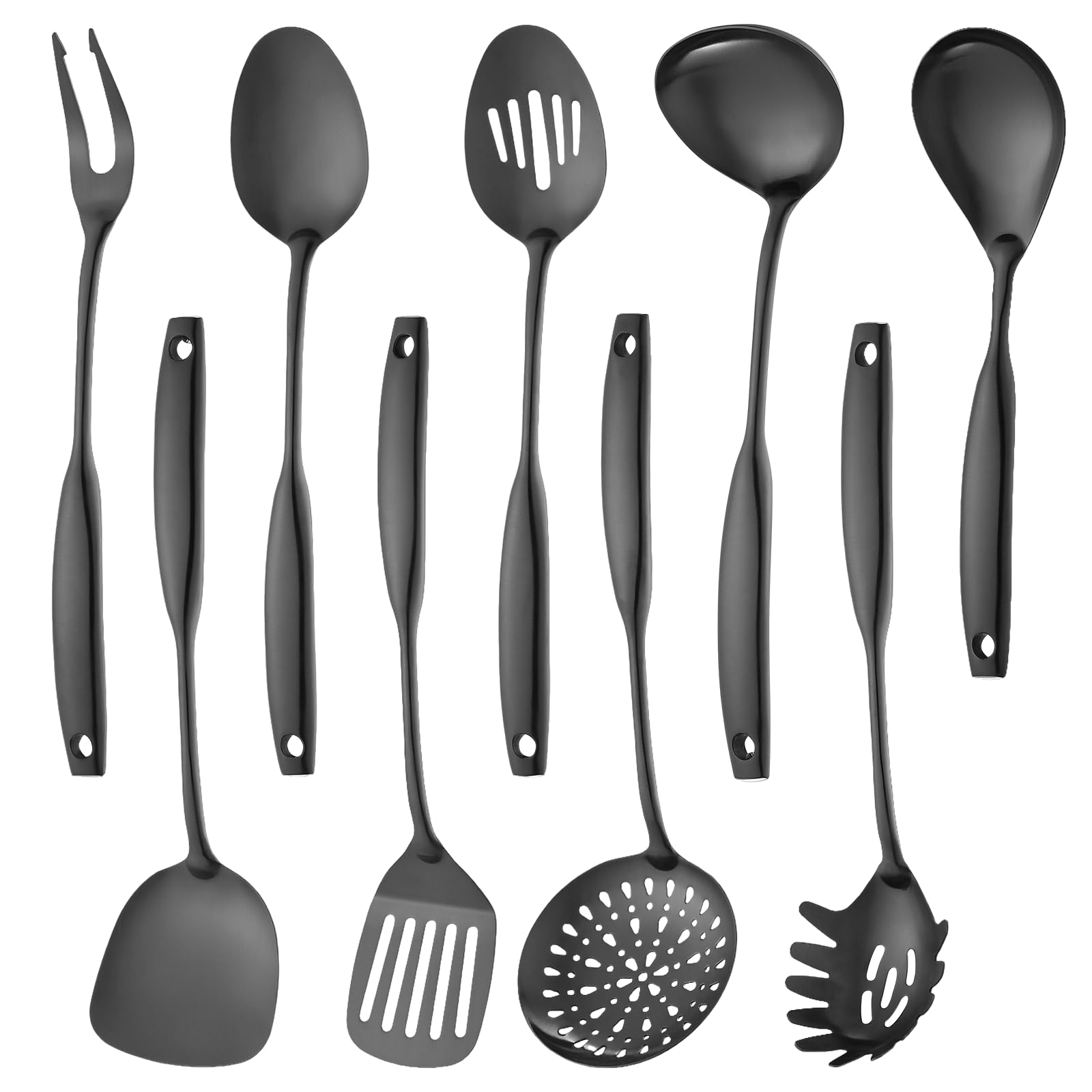 Lazycorner Küchenhelfer Set 9-teilig Edelstahl 304 Poliert Spiegel-Finish Kochlöffel, Schlitzlöffel, Pfannenwender, Pfannenwender, Nudellöffel - Spülmaschinenfest, Rostbeständig